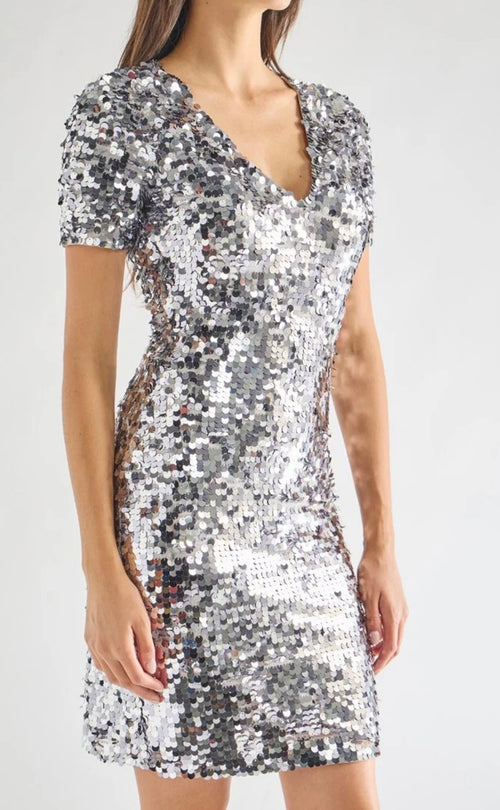 Robe courte de soirée a paillettes argentées Snow col en V et manches courtes⁠